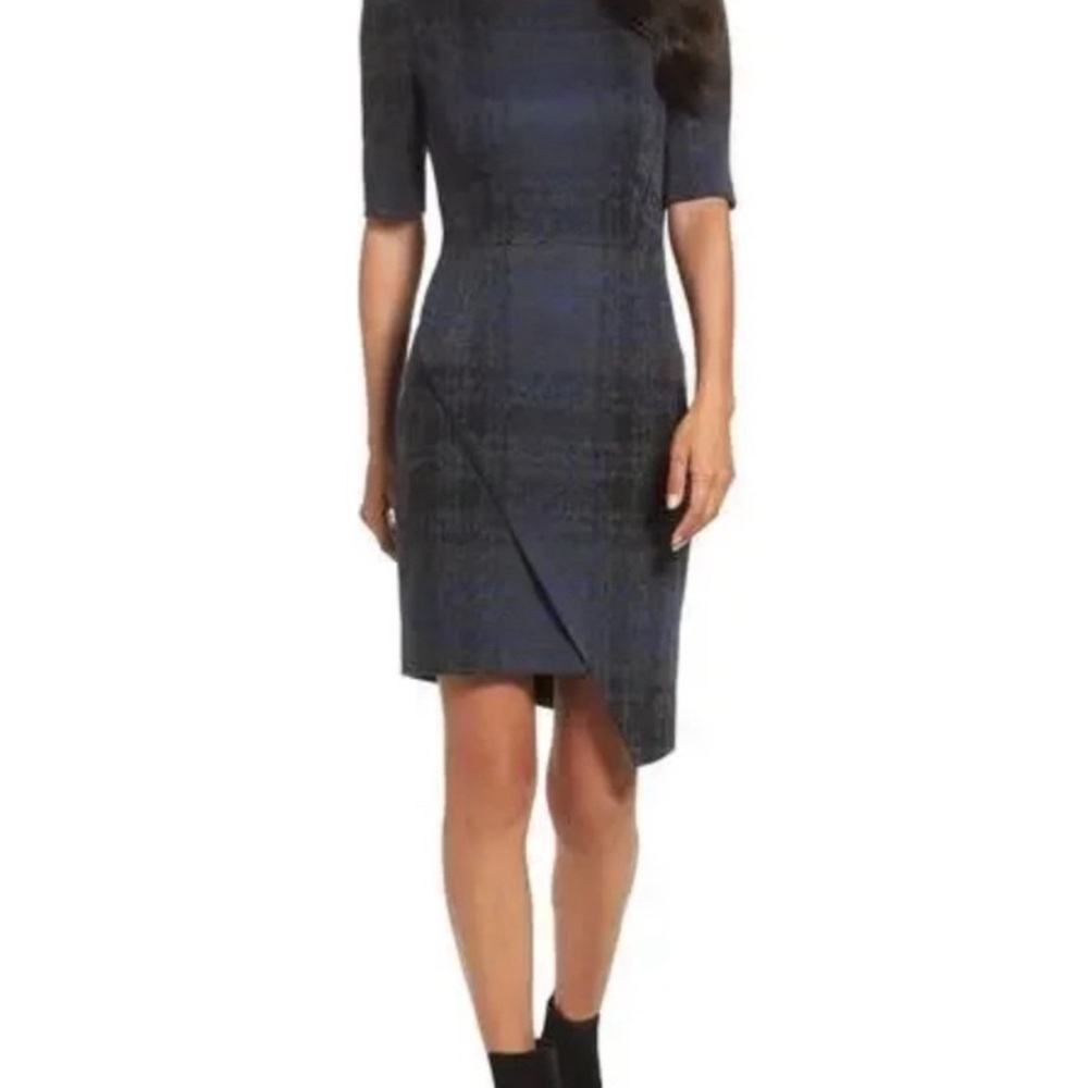 BETSEY JOHNSON Grey, Blue and Black Dress Faux Wrap & Asymmetrical Hem - Size 12